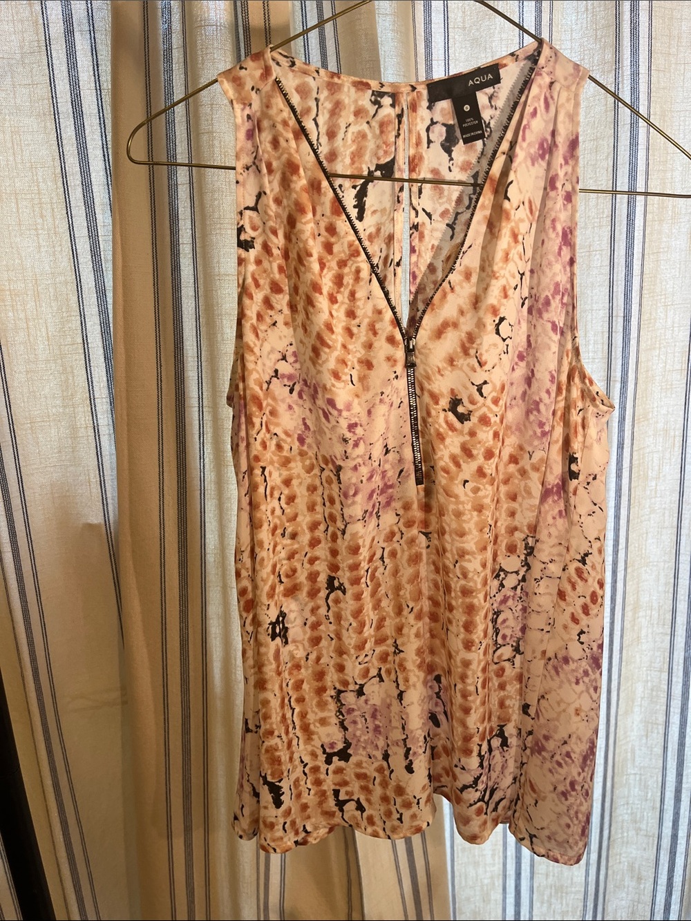 Aqua Beige and Pink Abstract Zipper V‑Neck Swim Coverup